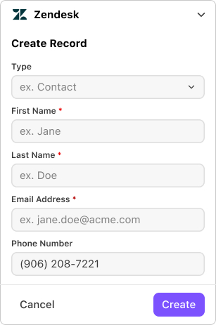 Screenshot of the 'Create Record' form inside the Dialpad Zendesk widget, displaying input fields for Type, First Name, Last Name, Email Address, and Phone Number, along with a purple Create button.