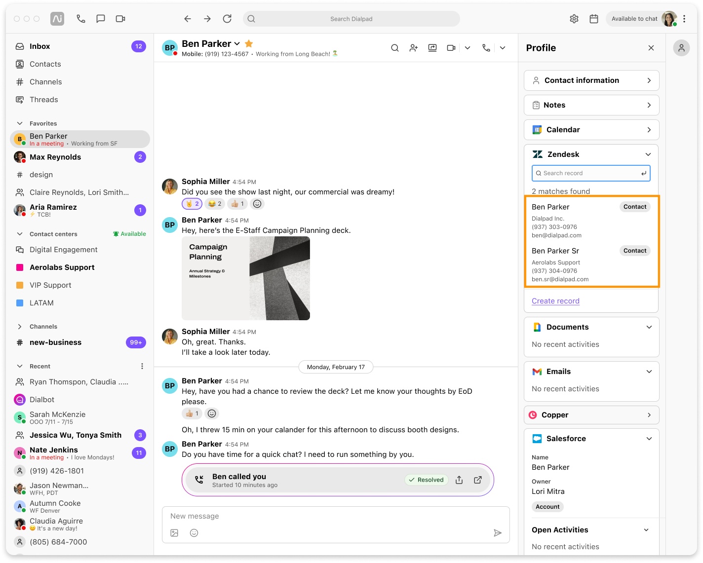 Screenshot of the Dialpad desktop app displaying a chat conversation, with an orange box highlighting two matched contact results (Ben Parker and Ben Parker Sr) in the Zendesk profile widget.