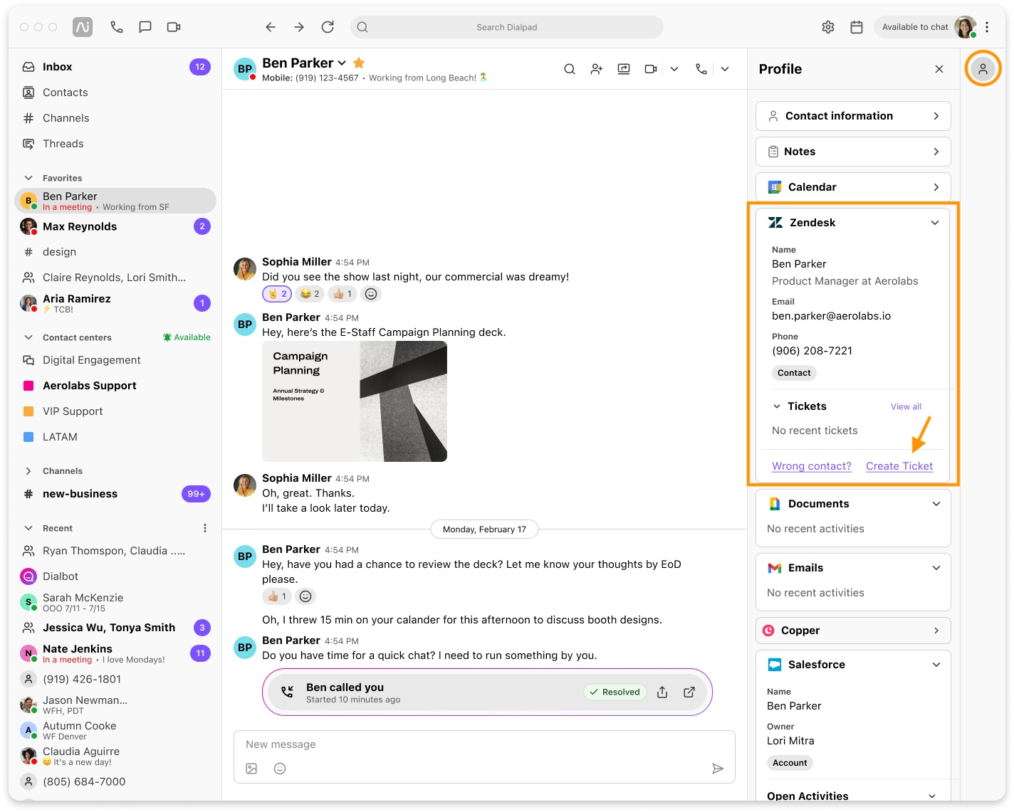 Screenshot of the Dialpad desktop app displaying a chat conversation, featuring orange highlights on the profile icon in the top right and an orange box with an arrow highlighting the 'Create Ticket' link inside the Zendesk widget.