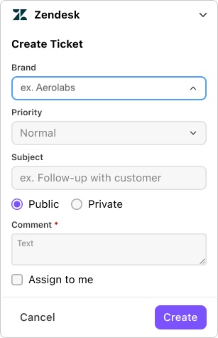 Screenshot of the 'Create Ticket' interface inside the Dialpad Zendesk widget, displaying options for Brand, Priority, Subject, Public/Private status, Comment text box, Assign to me checkbox, and a purple Create button.