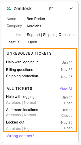 Screenshot of the Zendesk widget inside Dialpad featuring an orange box highlighting sections for 'Unresolved Tickets' and 'All Tickets' associated with contact Ben Parker, detailing ticket names, dates, brands, and priority levels.
