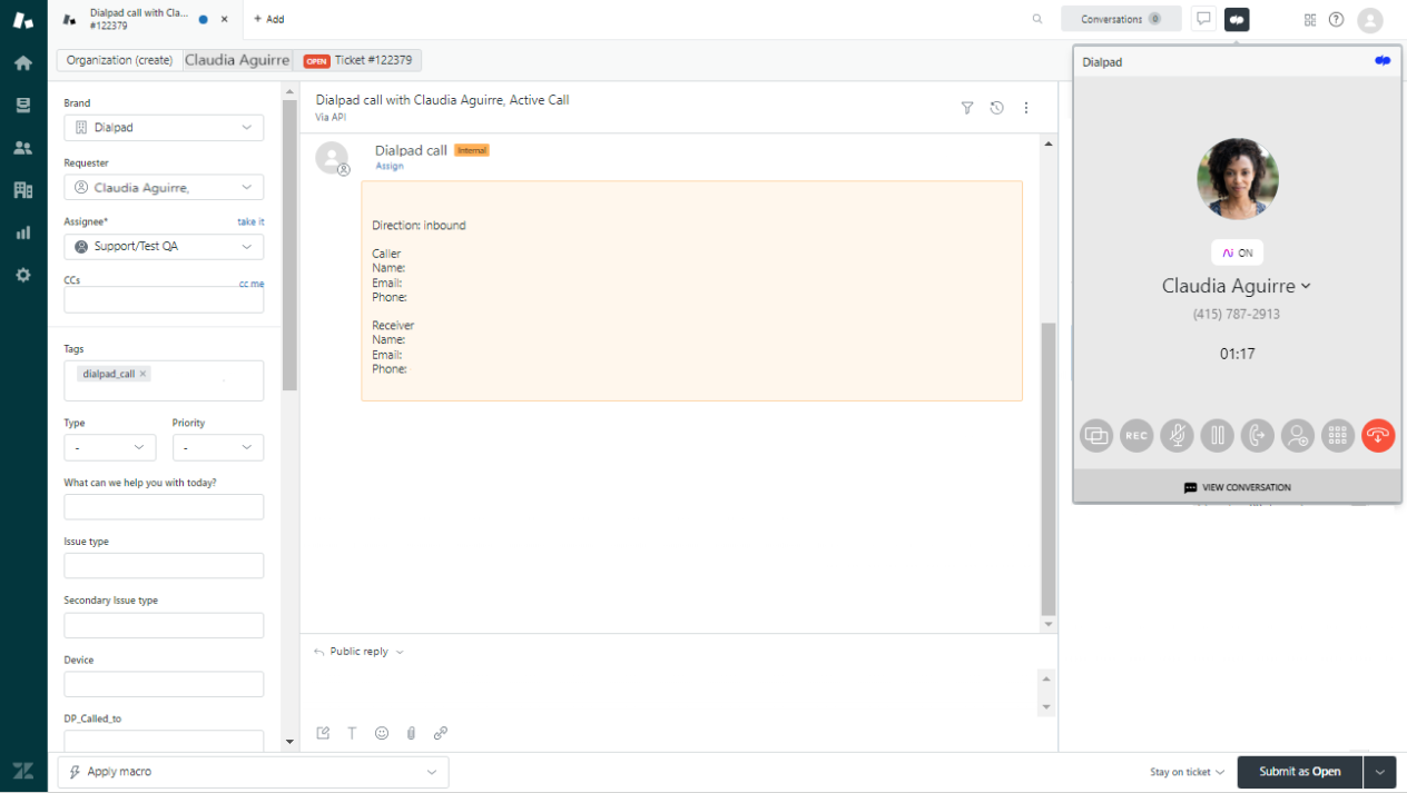 Screenshot of an automatically generated Zendesk new ticket page created during an active Dialpad call with Claudia Aguirre, featuring call log details in the central panel and the active Dialpad call widget open on the right.