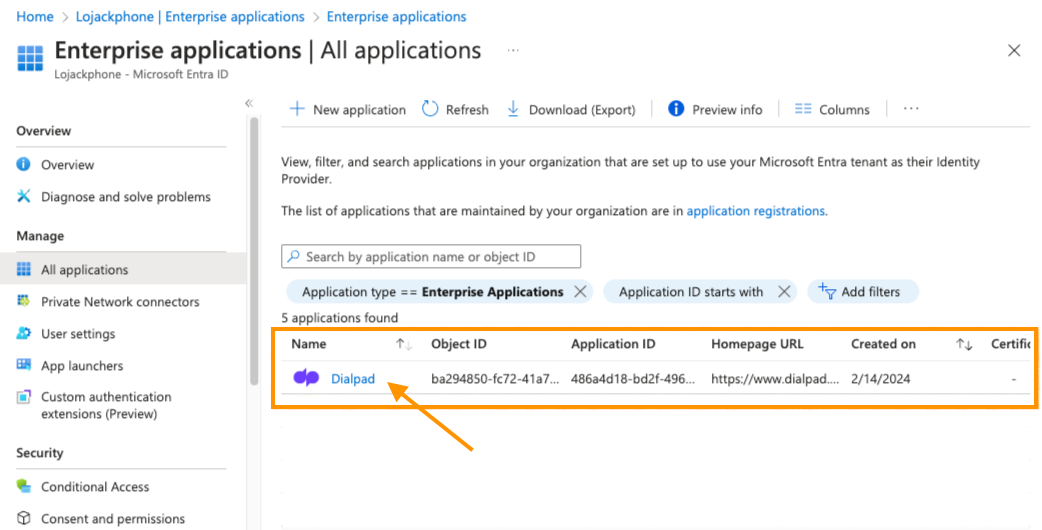 Screenshot of the Microsoft Azure 'Enterprise applications | All applications' page, featuring an orange box and arrow highlighting Dialpad in the applications list.