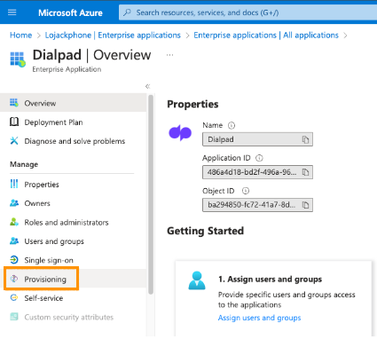 Screenshot of the Dialpad application overview page in Microsoft Azure, featuring an orange box highlighting the 'Provisioning' option in the left navigation menu under Manage.