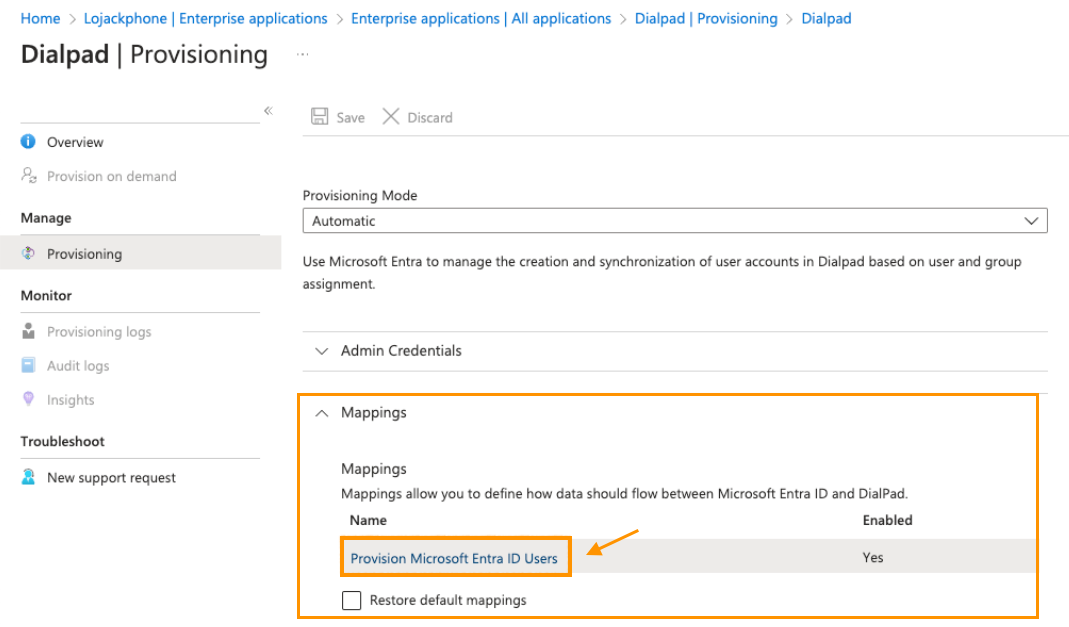 Screenshot of the Dialpad Provisioning page in Microsoft Azure, featuring an orange box around the 'Mappings' section with an arrow pointing to the highlighted 'Provision Microsoft Entra ID Users' link.