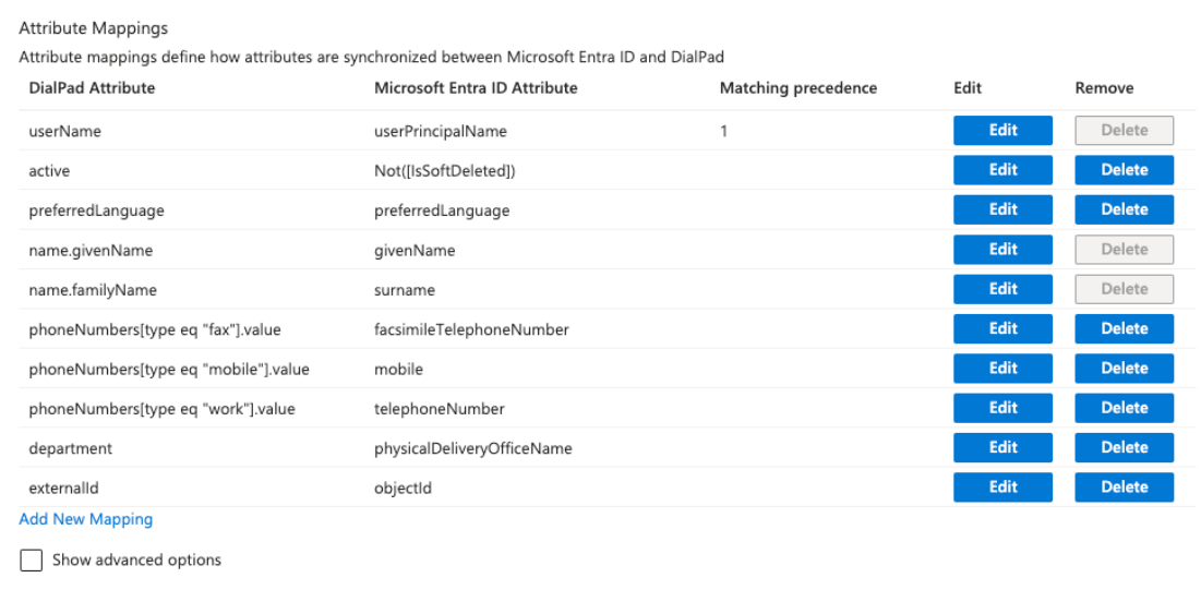 Screenshot of the 'Attribute Mappings' table in Microsoft Azure, listing mappings between DialPad Attributes and Microsoft Entra ID Attributes with corresponding 'Matching precedence', 'Edit', and 'Delete' options.