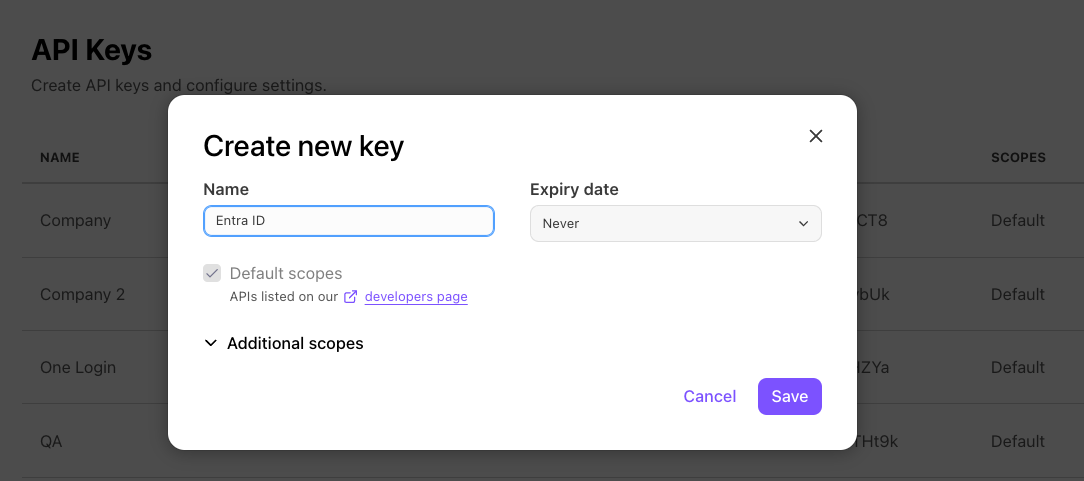 Screenshot of the 'Create new key' pop-up modal in Dialpad, showing input fields for Name (filled with 'Entra ID') and Expiry date (set to 'Never'), along with options for Default scopes, Additional scopes, and a Save button.
