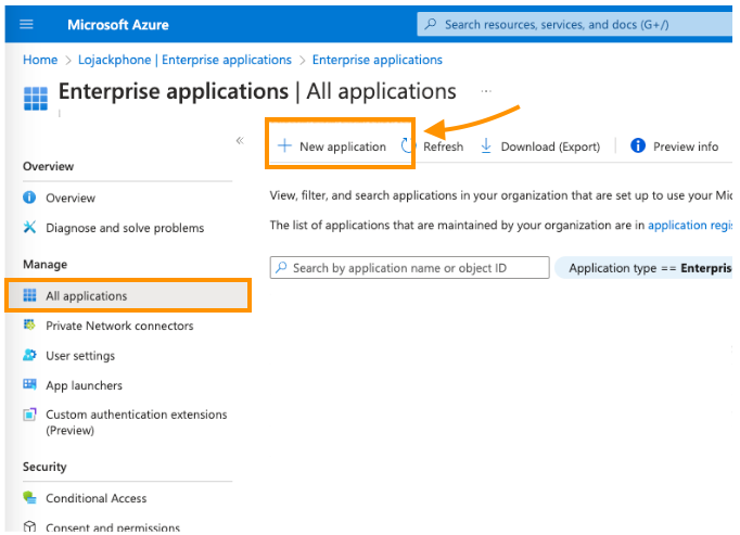 Screenshot of the Microsoft Azure 'Enterprise applications | All applications' page with orange highlights around 'All applications' in the left menu and the top '+ New application' button.