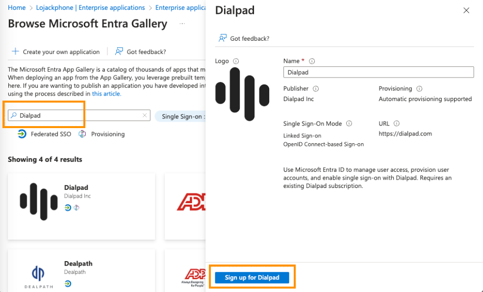 Screenshot of the 'Browse Microsoft Entra Gallery' search page featuring an orange box highlighting 'Dialpad' in the search bar, alongside an overlay panel with an orange box highlighting the blue 'Sign up for Dialpad' button.