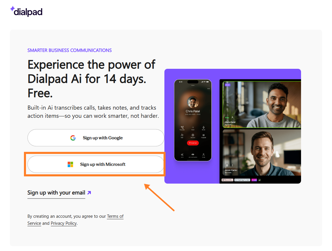 Screenshot of the Dialpad sign-up landing page, featuring an orange box and arrow highlighting the 'Sign up with Microsoft' button located below the 'Sign up with Google' option.