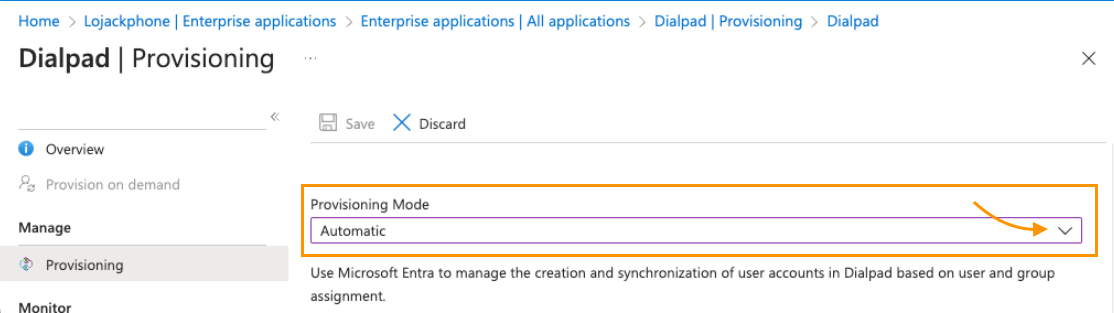 Screenshot of the Dialpad Provisioning configuration page in Microsoft Azure, featuring an orange box and arrow highlighting the 'Provisioning Mode' dropdown menu set to 'Automatic'.