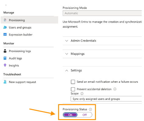 Screenshot of the Settings section under Dialpad Provisioning in Microsoft Azure, featuring an orange box and arrow highlighting the 'Provisioning Status' toggle switched to 'On'.