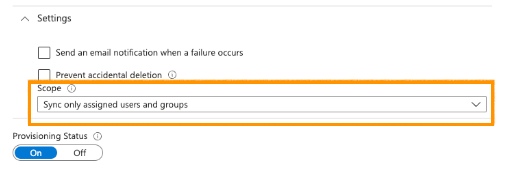 Screenshot of the Provisioning Settings section in Microsoft Azure, featuring an orange box highlighting the 'Scope' dropdown field set to 'Sync only assigned users and groups'.