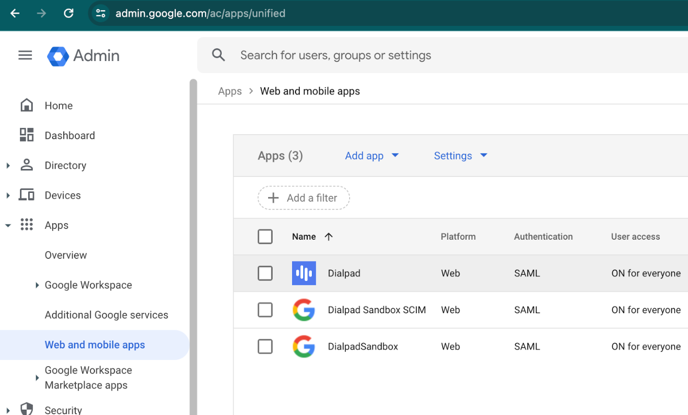Screenshot of the Google Admin Console under 'Web and mobile apps', listing installed applications including Dialpad, Dialpad Sandbox SCIM, and DialpadSandbox with their respective platform, authentication, and user access statuses.