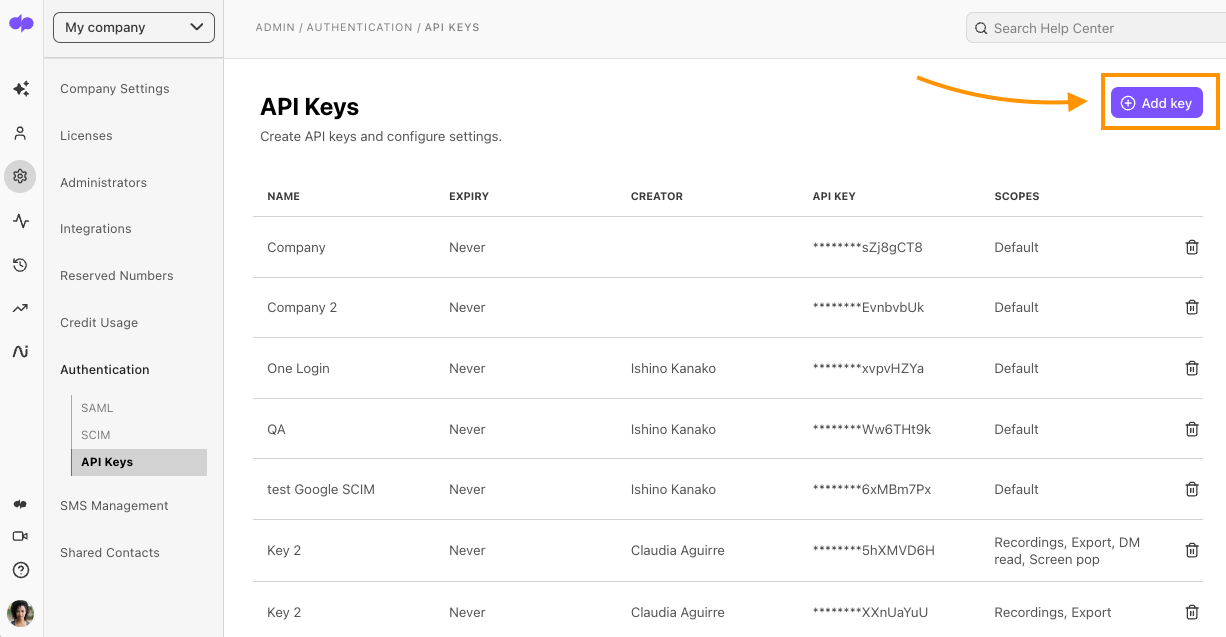 Screenshot of the Dialpad Admin Settings API Keys page, featuring an orange arrow pointing to the highlighted '+ Add key' button on the top right.