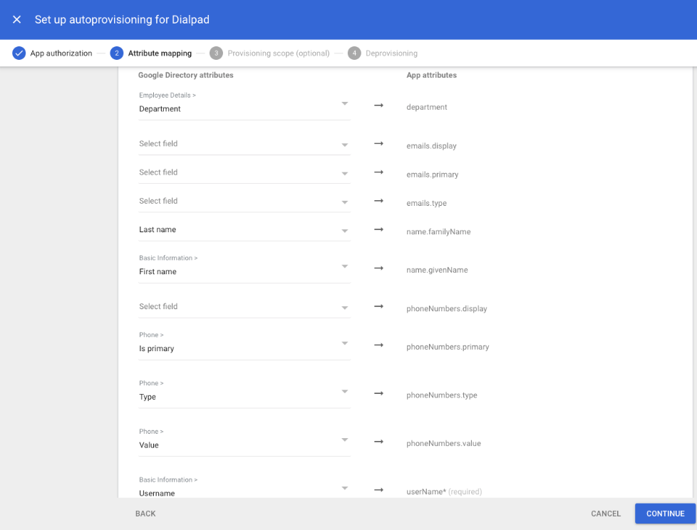 Screenshot of the attribute mapping interface displaying a side-by-side list of dropdown fields connecting Google Directory attributes to Dialpad App attributes, with a blue 'Continue' button highlighted in the bottom right.