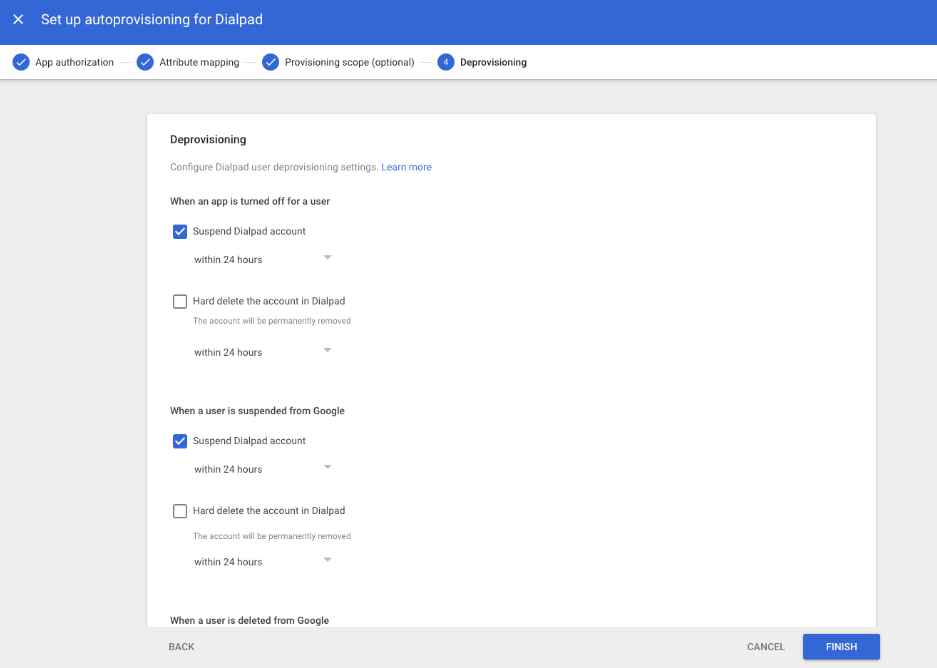 Screenshot of deprovisioning options showing configurable checkboxes for account suspension and deletion timeframe triggers, with a blue 'Finish' button highlighted in the bottom right corner.