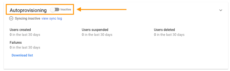 Screenshot of the Autoprovisioning settings dashboard displaying sync activity metrics, featuring an orange box and arrow highlighting an inactive toggle switch.