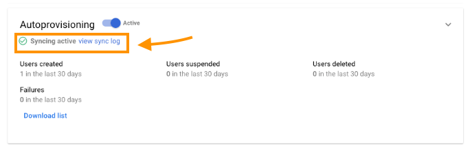 Screenshot of the active Autoprovisioning dashboard, featuring an orange box and arrow highlighting the 'Syncing active' status with a green checkmark next to a 'view sync log' link.