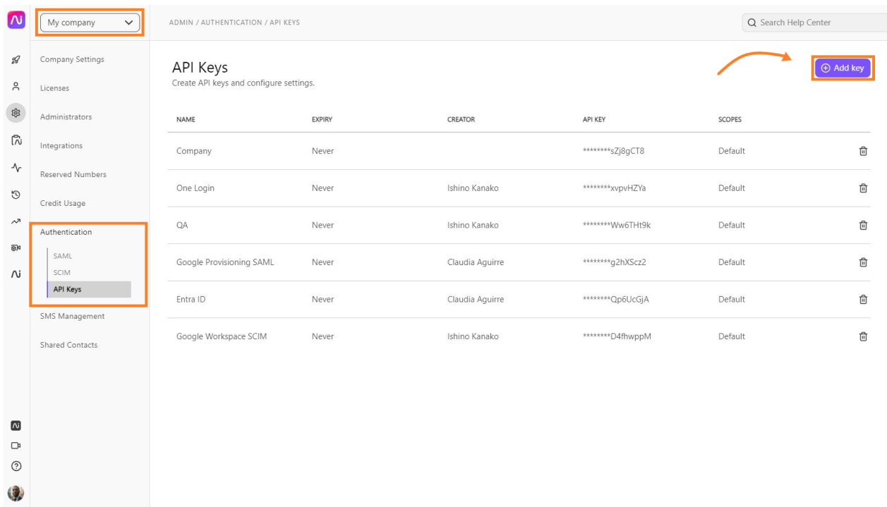 Screenshot of the Dialpad API Keys interface, featuring orange boxes highlighting the 'My company' dropdown and 'Authentication' menu options, along with an orange arrow pointing to the '+ Add key' button.