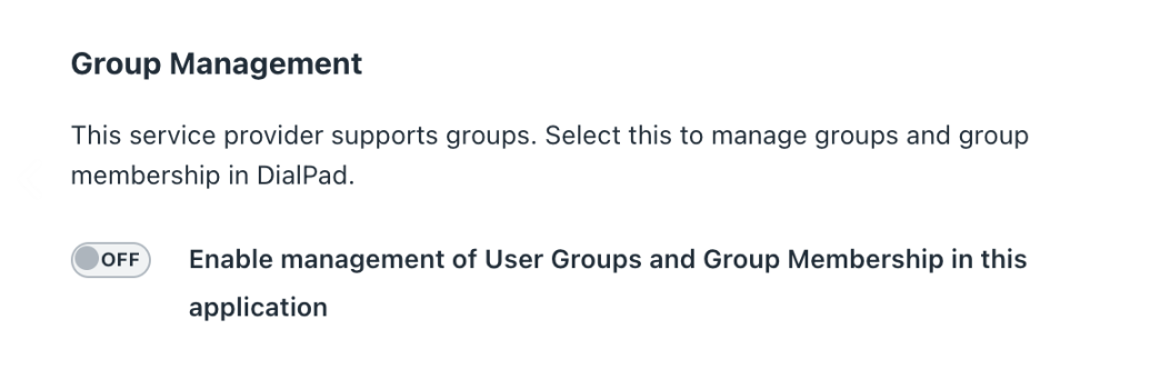 Screenshot of the Group Management section in JumpCloud displaying a toggle switch currently set to OFF for enabling management of User Groups and Group Membership in the application.
