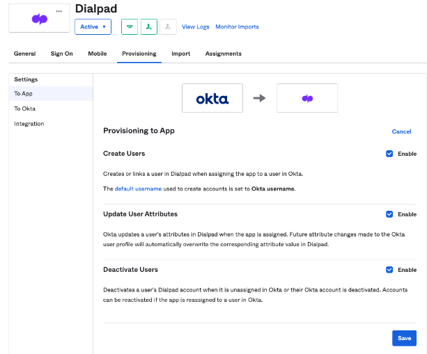 Screenshot of the Provisioning to App settings in Okta featuring enabled checkboxes for 'Create Users', 'Update User Attributes', and 'Deactivate Users', along with a blue 'Save' button in the bottom right corner.