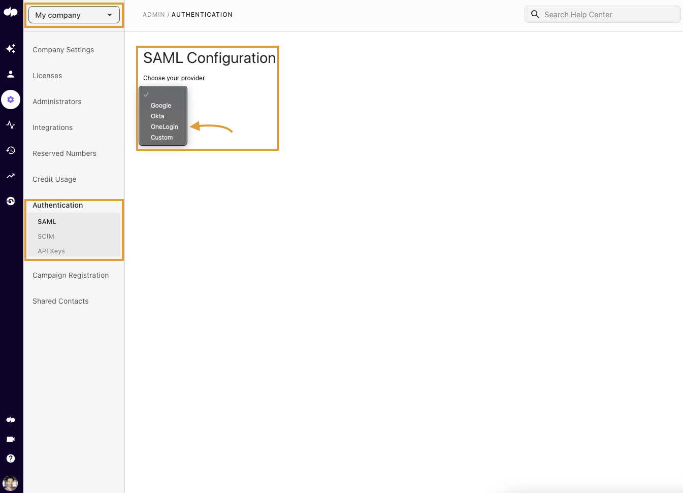 Screenshot of the Dialpad SAML Configuration page, featuring an orange box and arrow pointing to the provider dropdown menu with 'OneLogin' highlighted.