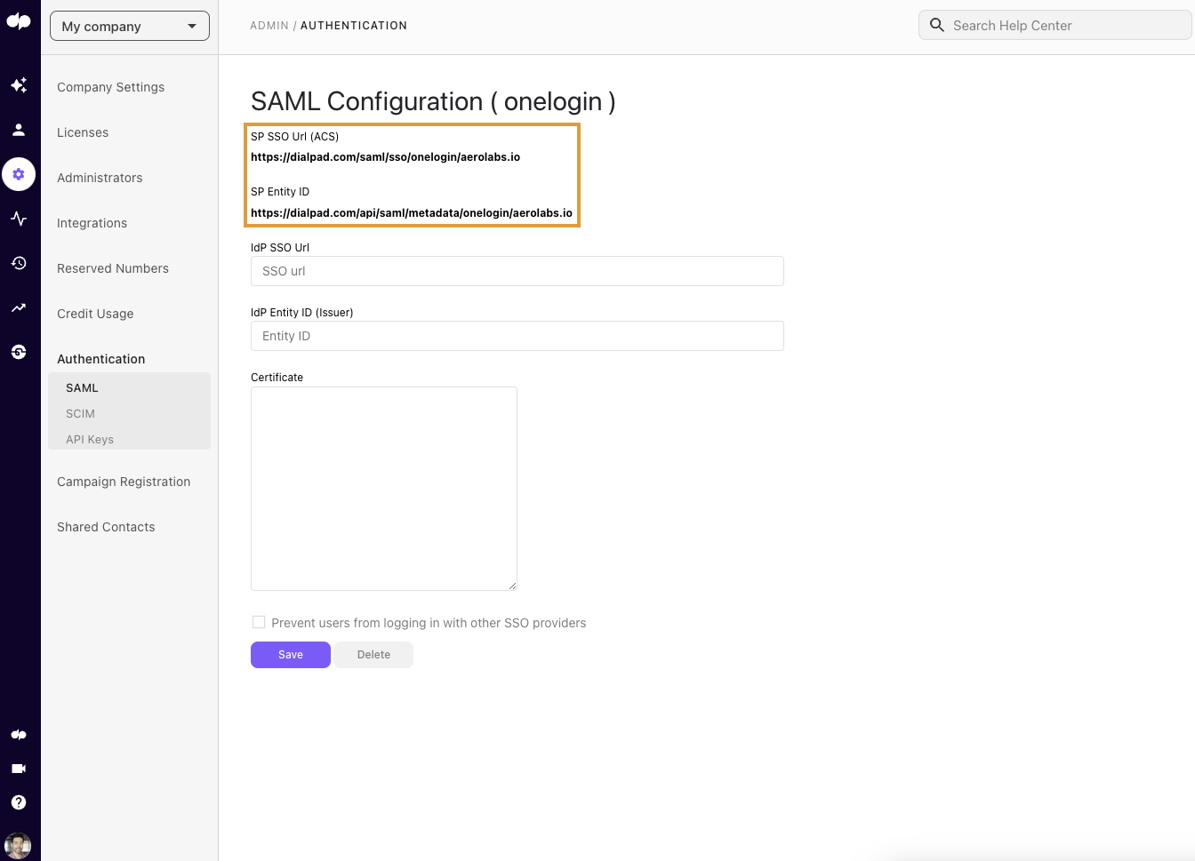 Screenshot of the Dialpad SAML Configuration page, featuring an orange box highlighting the generated 'SP SSO Url (ACS)' and 'SP Entity ID' field values above empty Identity Provider input fields.