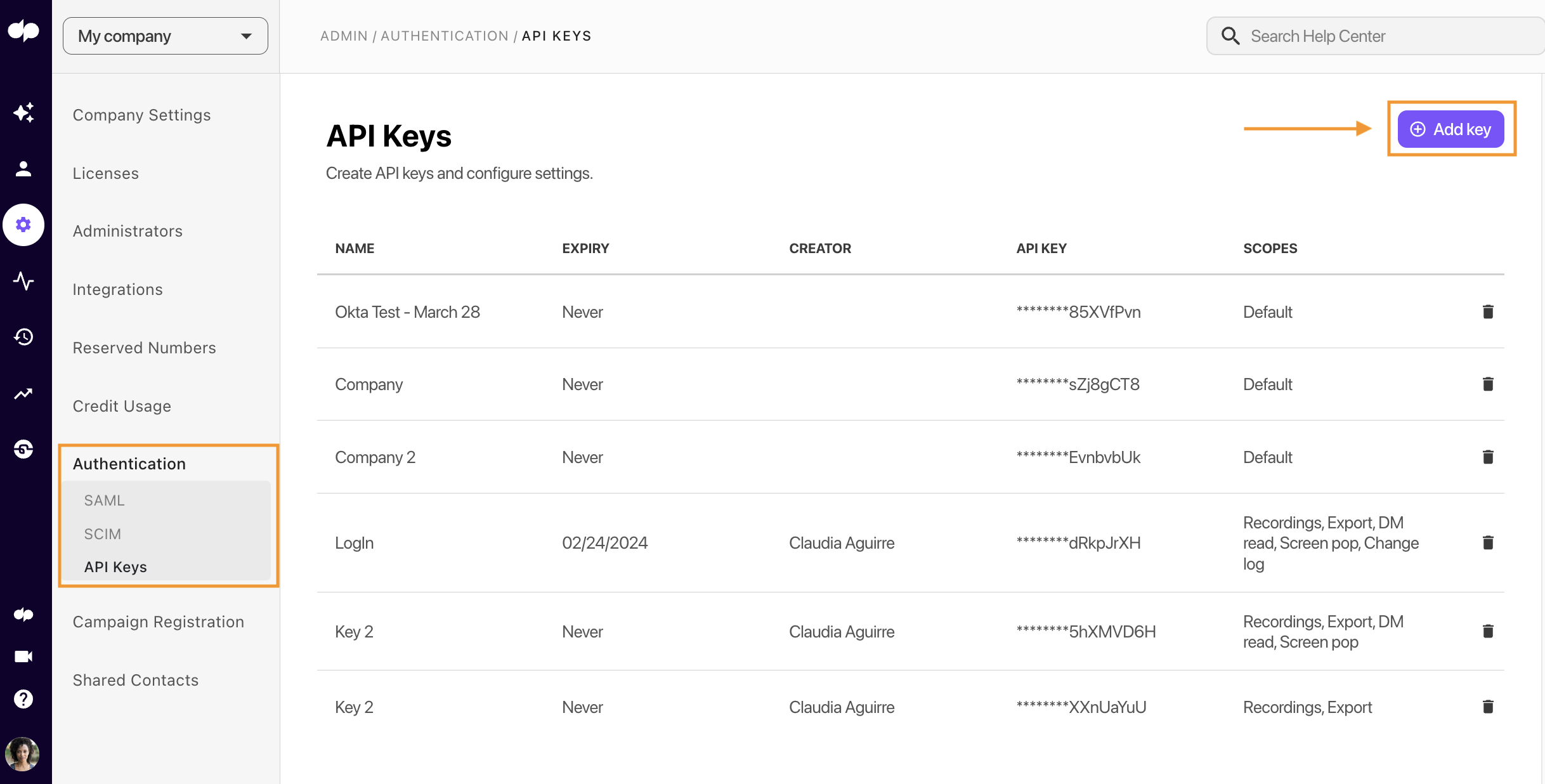 Screenshot of the Dialpad API Keys dashboard featuring an orange box around the 'Authentication' navigation menu and an orange arrow pointing to a highlighted '+ Add key' button in the upper right.