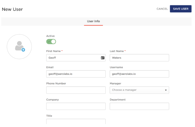 Screenshot of the OneLogin New User creation form displaying populated fields for First Name, Last Name, Email, and Username, with a dark blue 'Save User' button in the upper right corner.