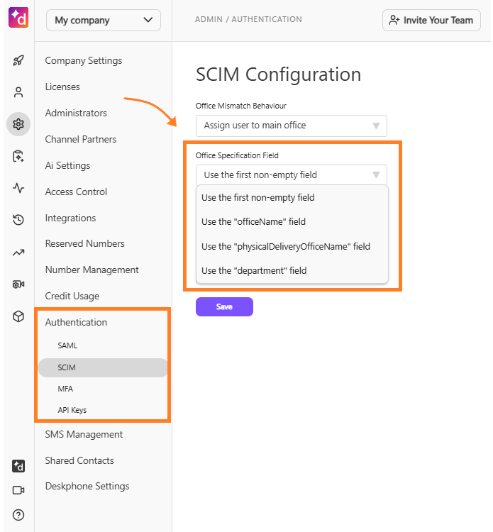 Screenshot of the Dialpad SCIM Configuration page featuring an orange box highlighting the 'Authentication > SCIM' menu, an orange arrow pointing to 'Office Mismatch Behaviour', and an open dropdown menu for 'Office Specification Field' with various attribute options selected.