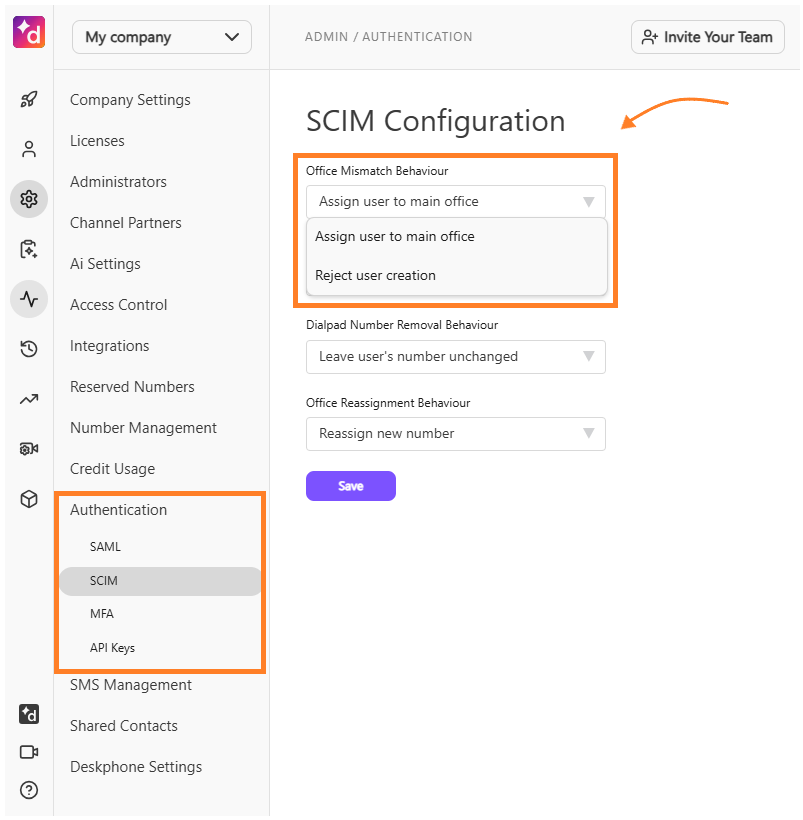 Screenshot of the Dialpad SCIM Configuration page featuring orange boxes highlighting the 'Authentication > SCIM' sidebar menu and the 'Office Mismatch Behaviour' dropdown options ('Assign user to main office' and 'Reject user creation'), with an orange arrow pointing to the section heading.