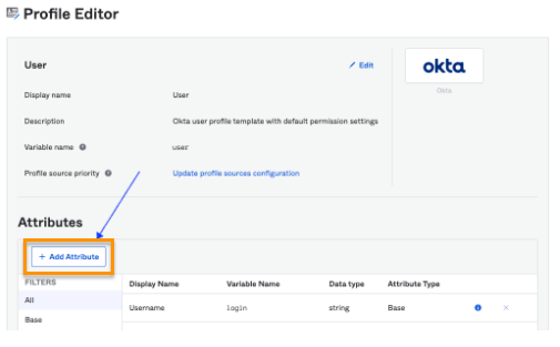 Screenshot of the Okta Profile Editor page displaying user profile settings, featuring an orange box and a blue arrow highlighting the '+ Add Attribute' button above the Attributes list.