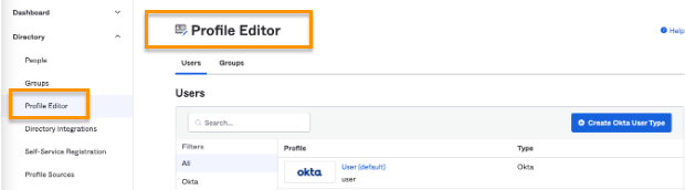 Screenshot of the Okta Profile Editor landing page showing orange boxes highlighting 'Profile Editor' in both the left navigation menu under Directory and the main header.