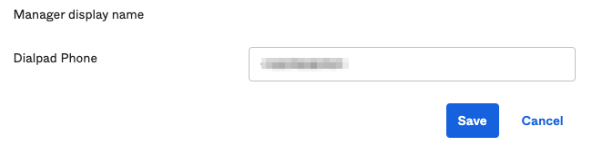 Screenshot of the Dialpad application user settings in Okta showing a populated 'Dialpad Phone' attribute field with 'Save' and 'Cancel' buttons below.
