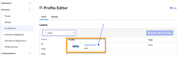 Screenshot of the Okta Profile Editor page showing an orange box and blue arrow highlighting the default Okta 'User (default)' profile listing within the filtered search results.