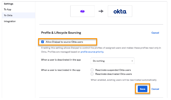 Screenshot of the Profile & Lifecycle Sourcing configuration page in Okta with orange boxes highlighting the checked 'Allow Dialpad to source Okta users' checkbox and the blue 'Save' button.