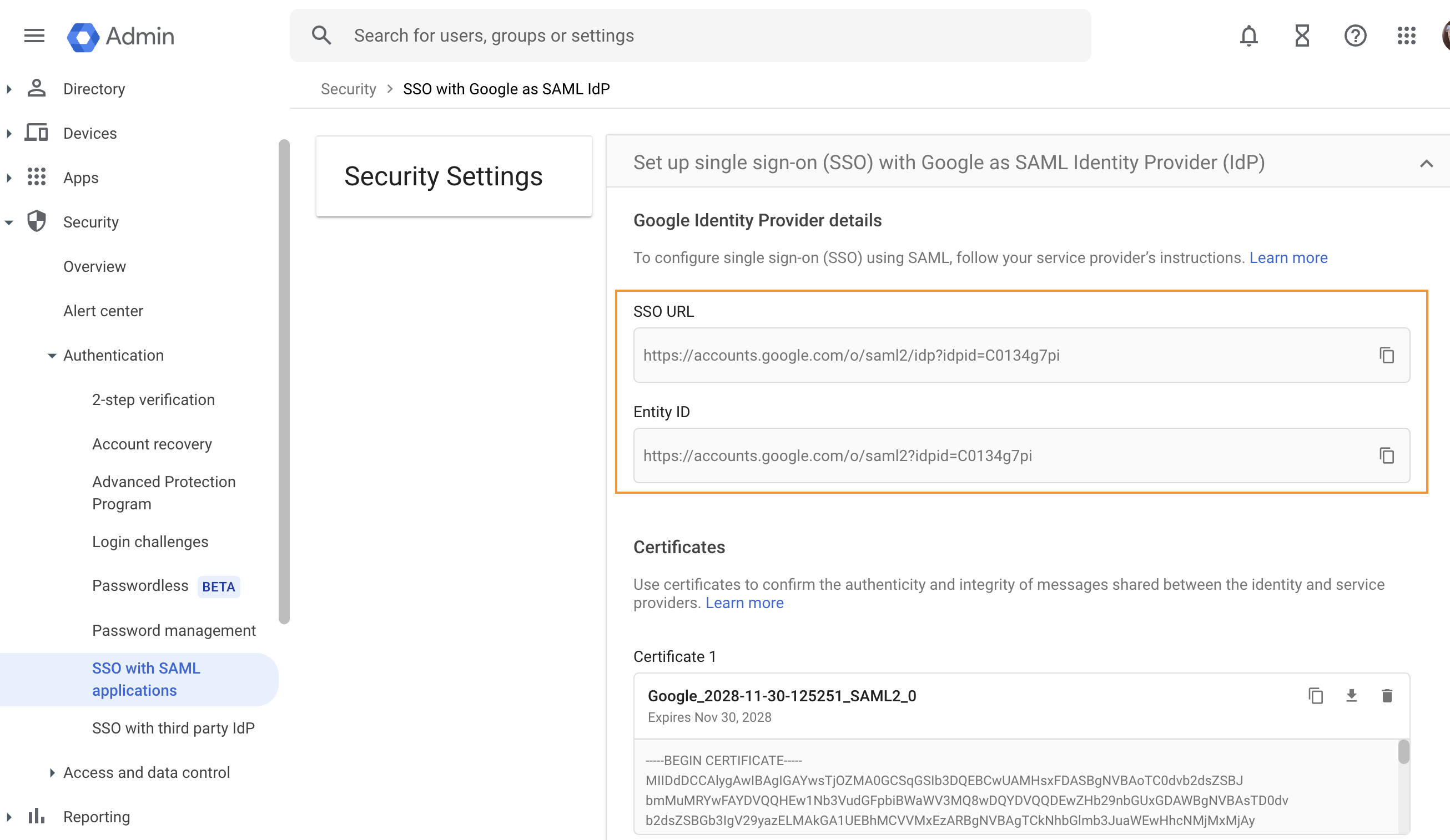 Screenshot of the Google Workspace Admin console under Security > Authentication > SSO with SAML applications, featuring an orange box highlighting the SSO URL and Entity ID fields within the Google Identity Provider details section.
