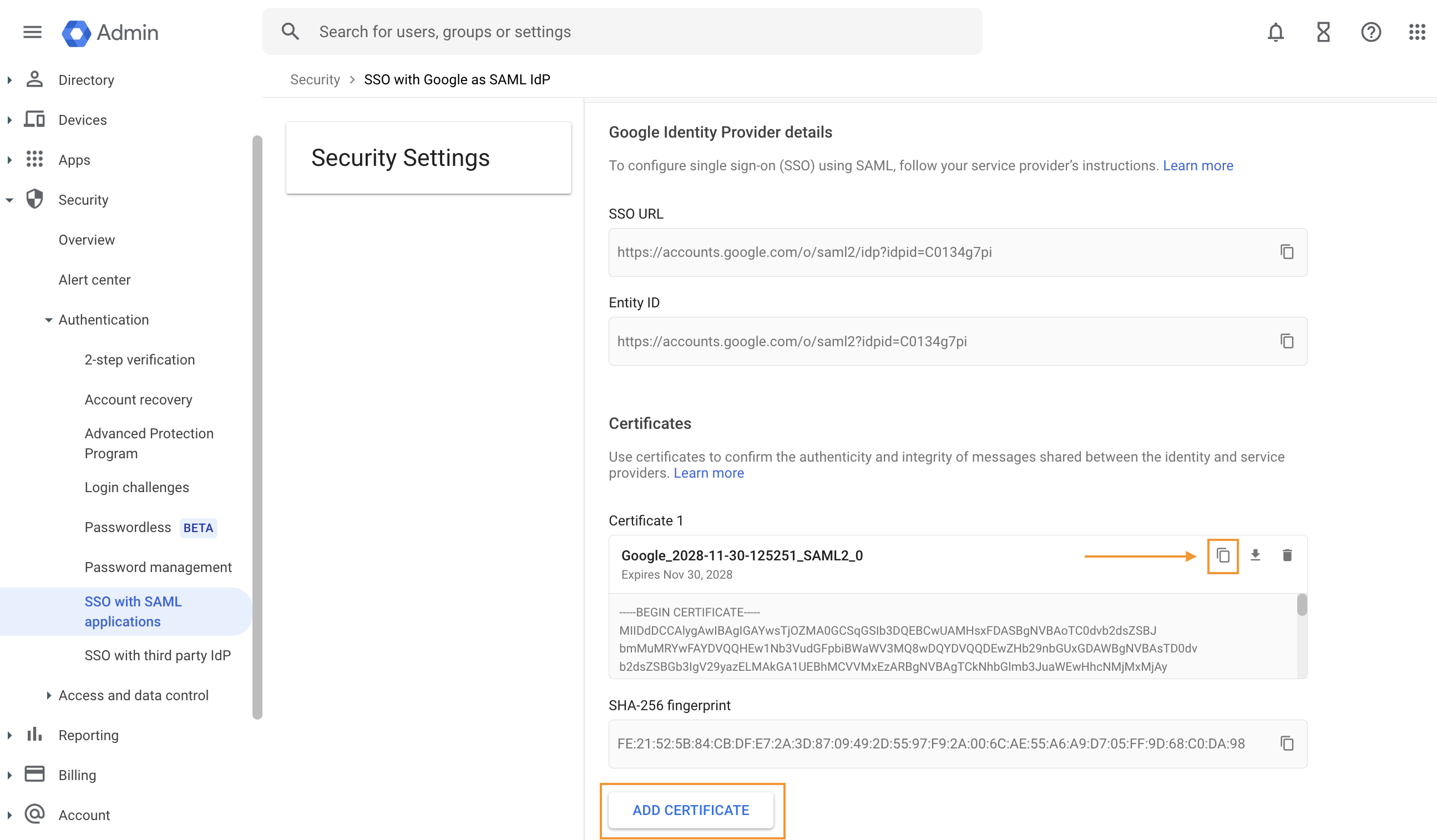 Screenshot of the Google Workspace Admin console under SSO with SAML applications, featuring orange boxes highlighting the 'ADD CERTIFICATE' button at the bottom and an arrow pointing to the copy icon next to Certificate 1.