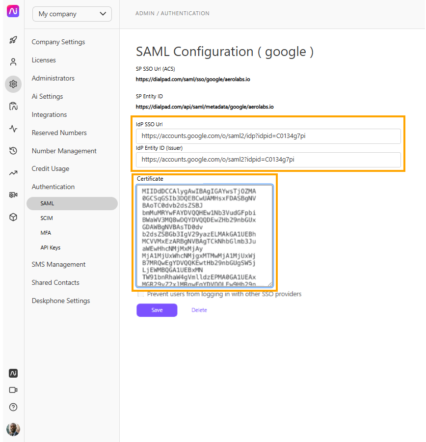 Screenshot of the Dialpad SAML Configuration page for Google, featuring orange boxes highlighting the populated 'IdP SSO Url', 'IdP Entity ID (Issuer)', and 'Certificate' text entry fields.