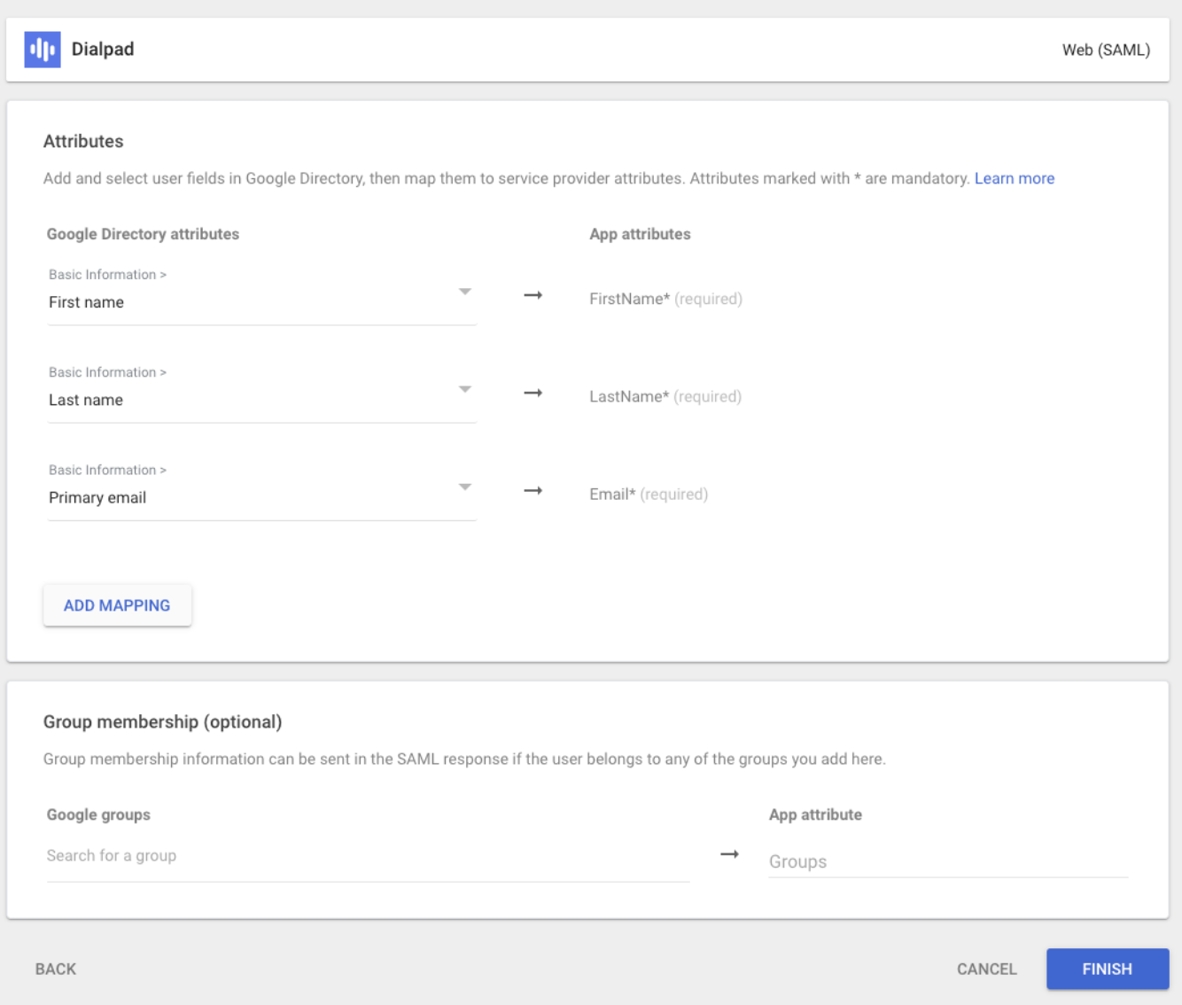 Screenshot of the Dialpad Attributes mapping page in Google Admin showing Google Directory attributes mapped to 'FirstName', 'LastName', and 'Email' app attributes, with a blue 'FINISH' button located in the bottom right corner.