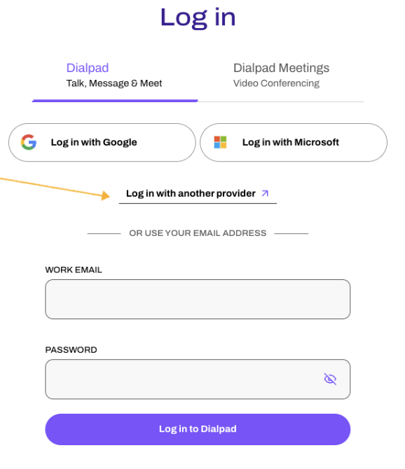 Screenshot of the Dialpad login page featuring an orange arrow pointing to the underlined 'Log in with another provider' link below the Google and Microsoft login buttons.