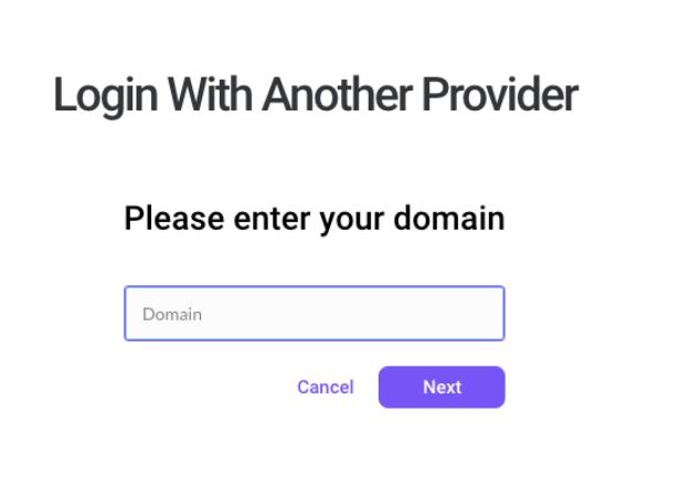 Screenshot of the Dialpad 'Login With Another Provider' screen featuring a 'Domain' input field with purple outline, alongside 'Cancel' and purple 'Next' buttons.