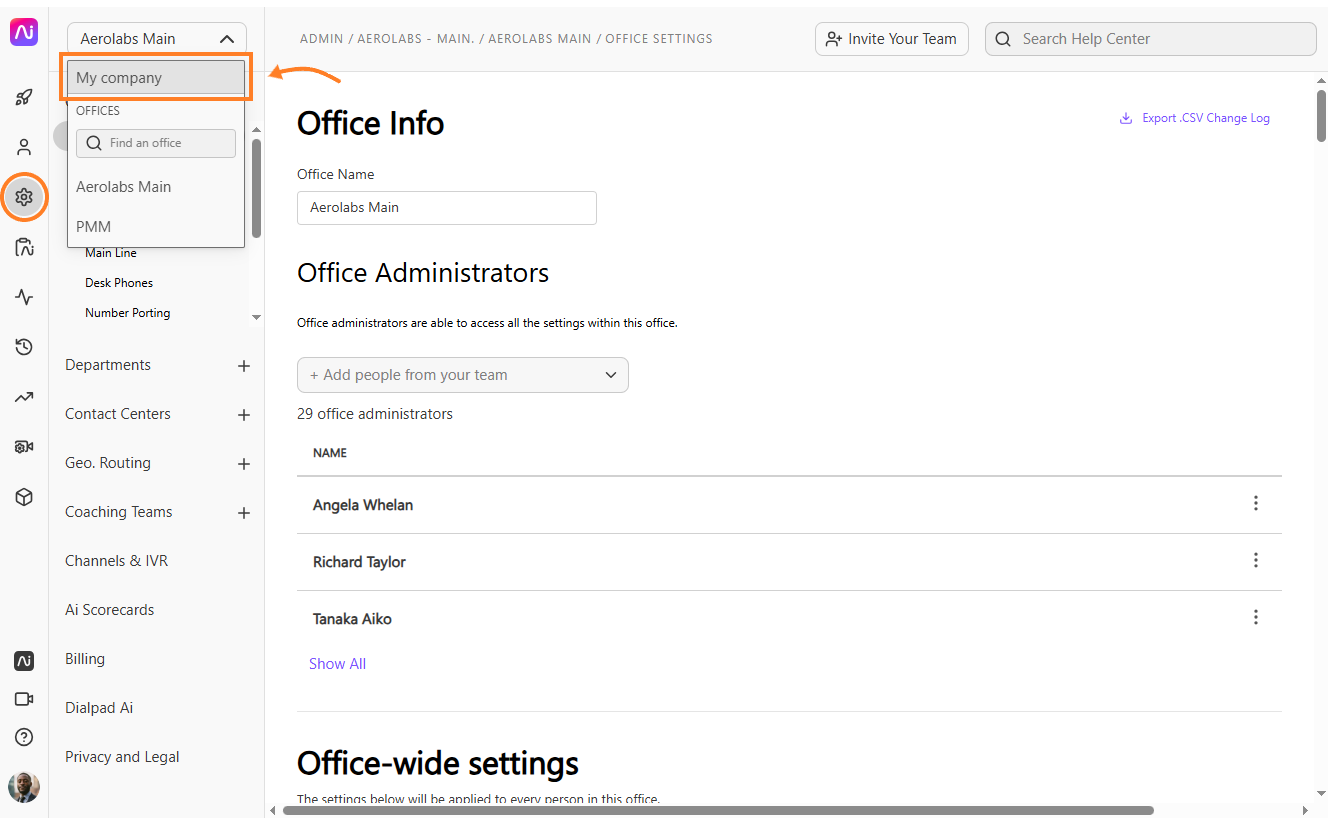 Screenshot of the Dialpad Admin portal featuring orange circles highlighting the gear settings icon on the left navigation bar and the dropdown menu item 'My company'.