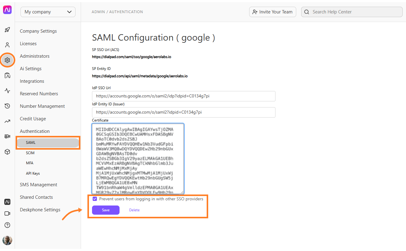 Screenshot of the Dialpad SAML Configuration page showing orange boxes highlighting the gear icon, the selected 'SAML' tab under Authentication, the checked 'Prevent users from logging in with other SSO providers' option, and an arrow pointing to the purple 'Save' button.