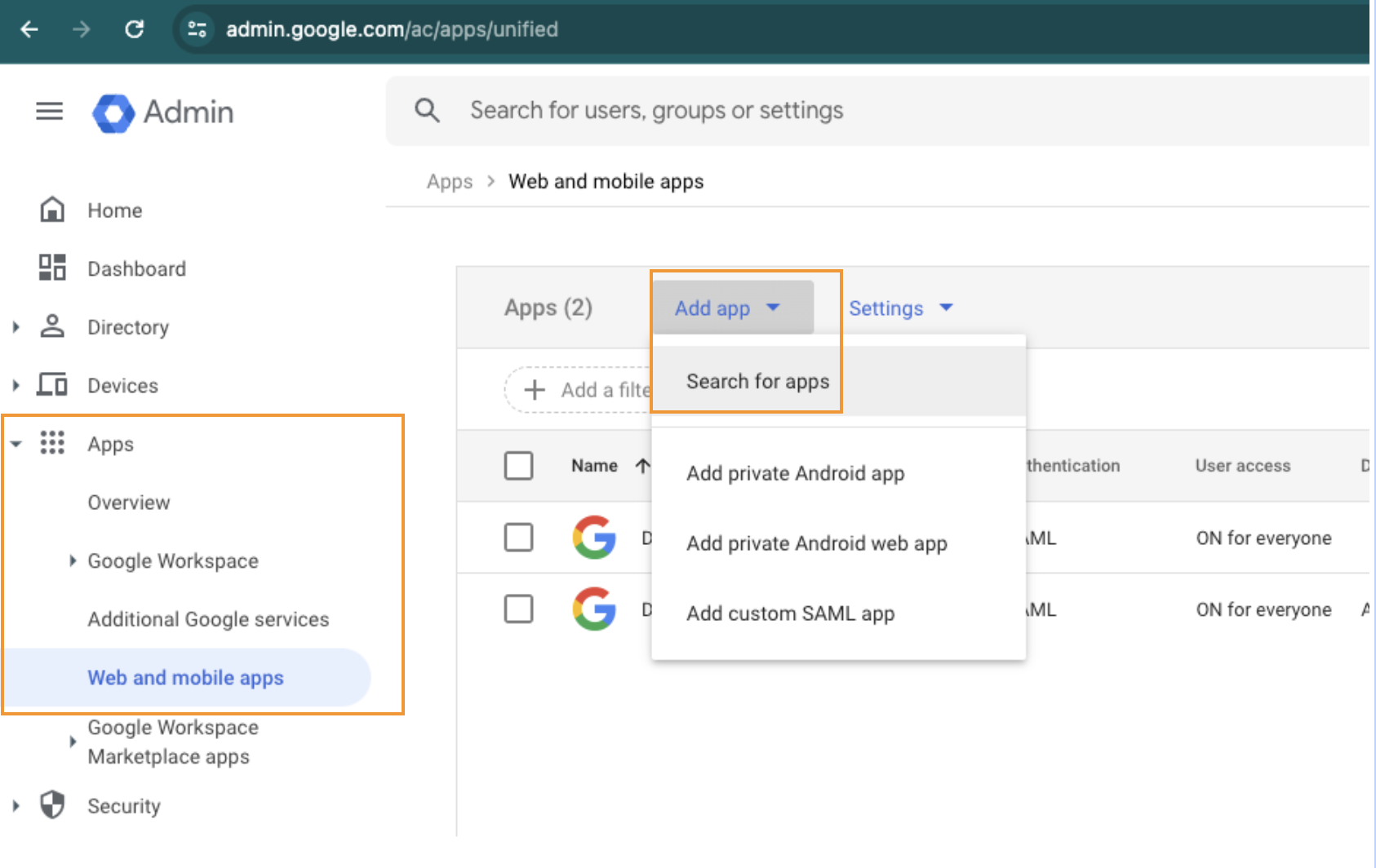 Screenshot of the Google Admin Console under Apps > Web and mobile apps, featuring orange boxes highlighting 'Web and mobile apps' in the left menu and the 'Add app' dropdown with 'Search for apps' selected.