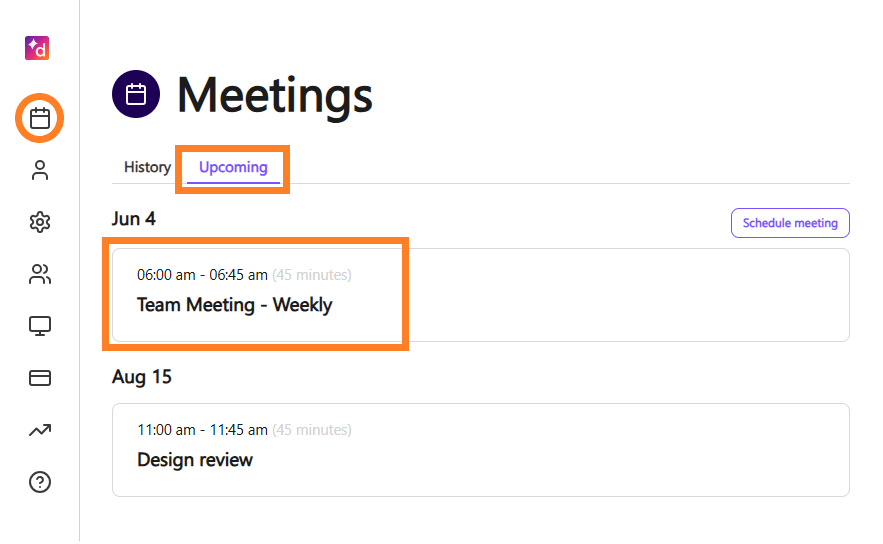 cheduled meetings appear in the Upcoming tab