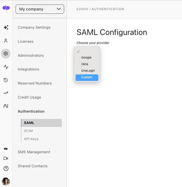 Screenshot of the SAML Configuration page under Dialpad Admin Settings with 'Custom' selected from the 'Choose your provider' dropdown menu.