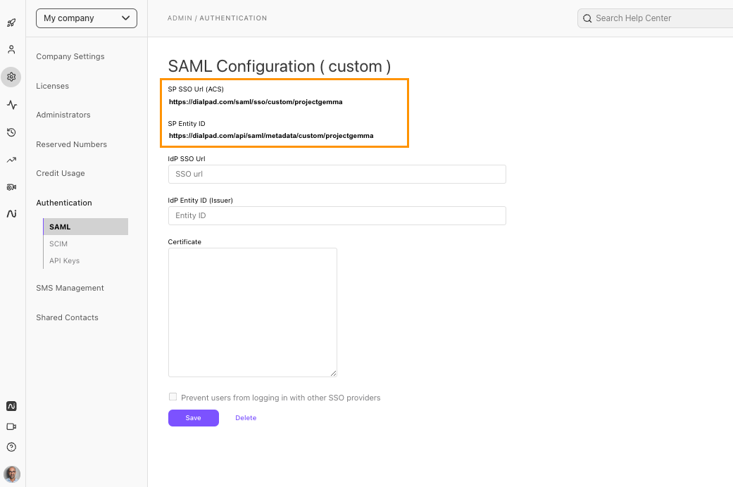 Screenshot of the Dialpad SAML Configuration (custom) page featuring an orange box highlighting the displayed SP SSO Url (ACS) and SP Entity ID values above blank input fields for IdP settings.