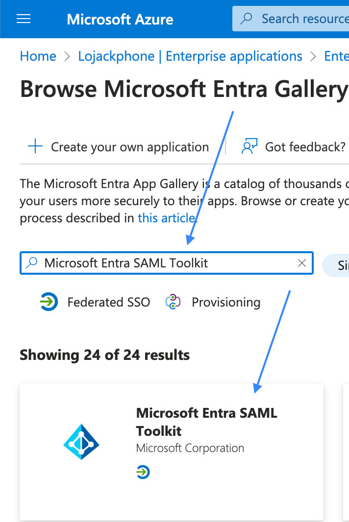 Screenshot of the Browse Microsoft Entra Gallery page featuring blue arrows pointing to the search box populated with 'Microsoft Entra SAML Toolkit' and the resulting 'Microsoft Entra SAML Toolkit' application tile below.